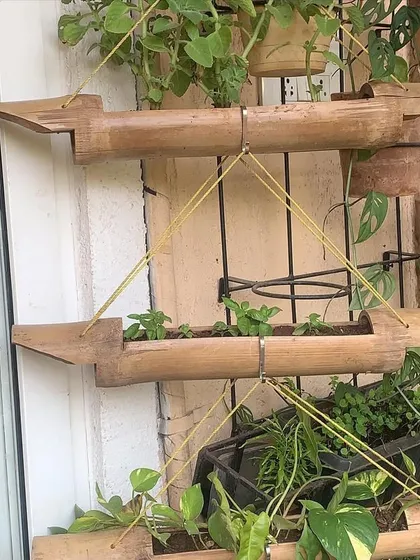 For this balcony, I created a vertical planter using sections of natural bamboo. This setup is ideal for growing herbs or small trailing plants, making efficient use of a narrow wall space.