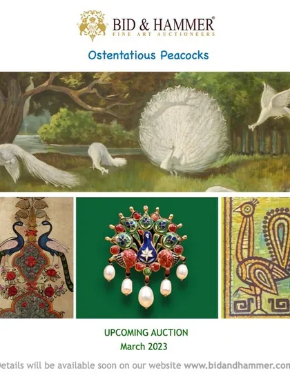 An early announcement for our 'Ostentatious Peacocks' themed auction in March 2023. This teaser collage highlighted the unique mix of paintings and jewellery centered around the peacock motif.