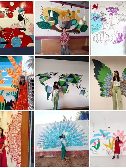 A collage of some of my favorite mural projects, including a geometric world map, tropical leaves, and abstract designs. This shows the wide range of styles you can create with the skills you'll learn.