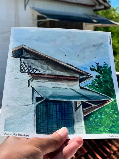 A closer look at my Auroville painting. I used gouache to capture the textures and the soft, overcast light.