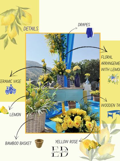 The comprehensive design board for a section of the 'Positano Haldi' event, illustrating how various elements like drapes, floral arrangements, and furniture come together to create a cohesive scene.