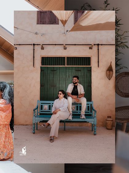 A collage showcasing different poses from a resort-style pre-wedding shoot, highlighting the location's beauty.
