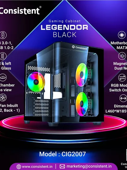 The Legendor gaming cabinet in black provides a sophisticated look with its dual-chamber glass design and three inbuilt RGB fans. It's designed for MATX motherboards and features a magnetic dust net to keep internals clean.
