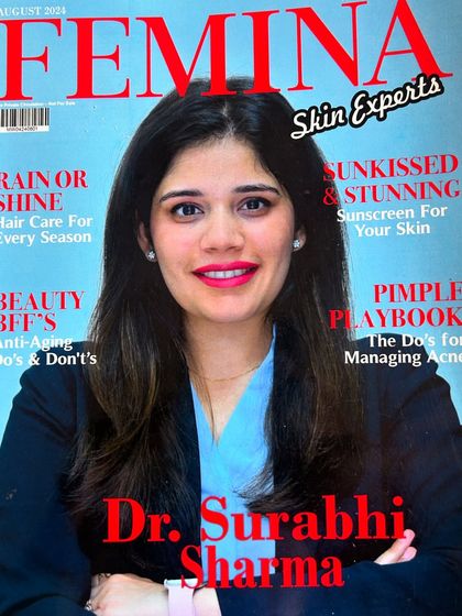 A close-up of Dr. Surabhi Sharma's Femina magazine cover. Her feature as a leading skin expert highlights the level of professional knowledge and authority we bring to every client consultation and treatment.