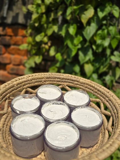 A fresh batch of my facial scrub, presented in a natural woven basket. This product is perfect for weekly use to keep your pores tight and your skin bright.