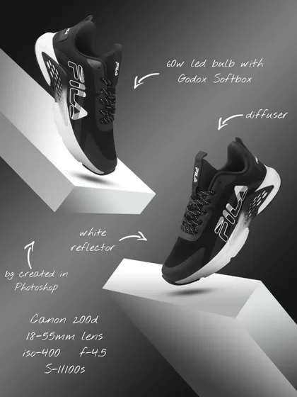 A breakdown of the lighting and editing setup for a Fila sneaker advertisement. This image explains how I use tools like a Godox softbox, reflectors, and Photoshop to create a dramatic, high-contrast product shot.