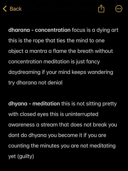 The higher limbs of yoga are internal. Dharana is the art of concentration, tying the mind to a single point. Dhyana, or meditation, is the state of uninterrupted awareness that follows. Without concentration, meditation is just daydreaming.