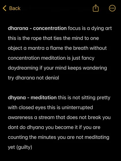The higher limbs of yoga are internal. Dharana is the art of concentration, tying the mind to a single point. Dhyana, or meditation, is the state of uninterrupted awareness that follows. Without concentration, meditation is just daydreaming.
