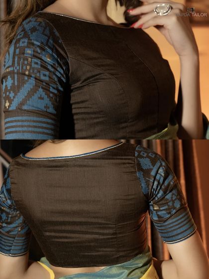 A detailed view of the front and back of our Divine Brown blouse. The combination of solid brown with a blue printed sleeve creates a unique and ethnic look.