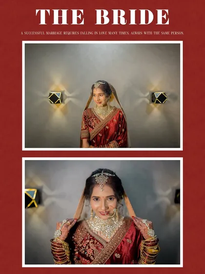 A diptych of the bride Nikita in her rich red saree, capturing both a poised and a playful moment.