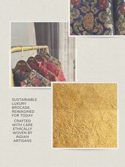 Festivities call for fabrics that shine. This mood board shows the sustainable luxury brocade and ethically woven fabrics from Indian artisans that I use in my collections.