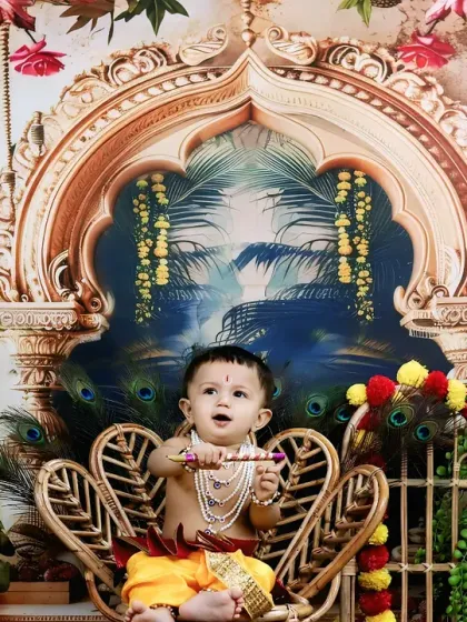 Looking up with wide, curious eyes, this baby Krishna sits on a wicker throne, ready for his divine portrait.