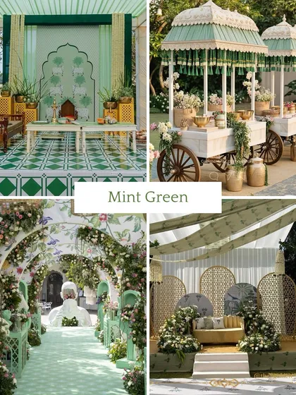 **Mehendi Theme: Mint Green.** A fresh and elegant take on the Mehendi ceremony. This theme uses soothing shades of mint green with gold and white accents for a sophisticated look.