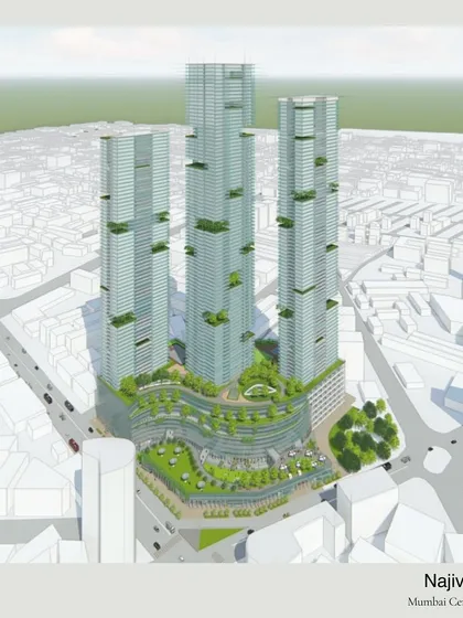 This aerial view of the Navjivan CHS redevelopment proposal shows how vertical density can create vast open spaces on the ground. The three towers are strategically placed to maximize green areas, sunlight, and community interaction.