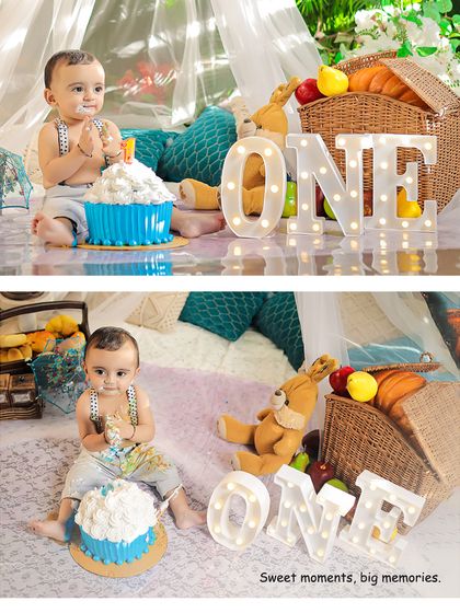 A collage showing the full setup of an outdoor cake smash, complete with a "ONE" marquee sign, a picnic basket, and a very happy baby.