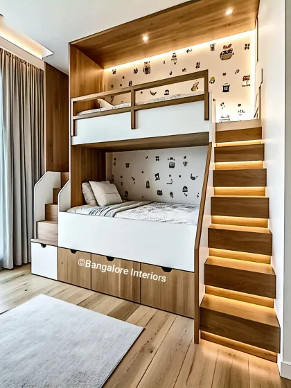 A beautiful and functional bunk bed made from light wood and white panels. We integrated drawers under the bottom bunk and added LED lighting to the stairs for safety and a cool design element.