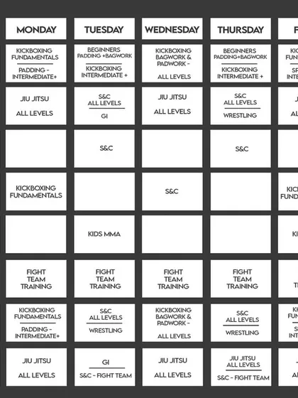 Here is a sample of our weekly training schedule. We offer dedicated Kids MMA classes alongside Jiu-Jitsu, Kickboxing, and Strength & Conditioning sessions to fit your family's needs.