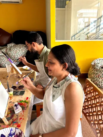 A side-by-side painting session in progress. Our workshops are a great way for couples and friends to bond over a shared creative activity.