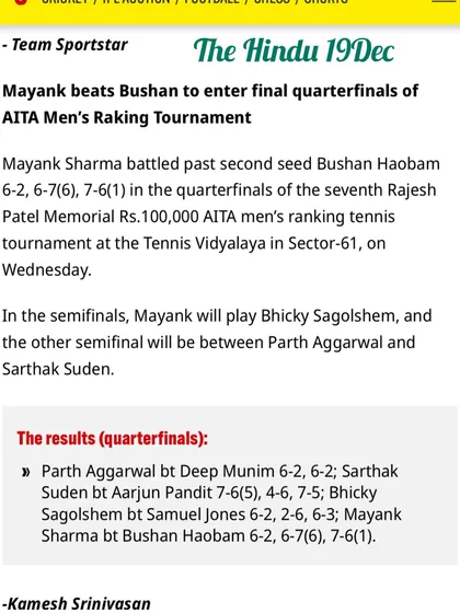 Media coverage from The Hindu of the quarterfinals of the Rajesh Patel Memorial tournament.