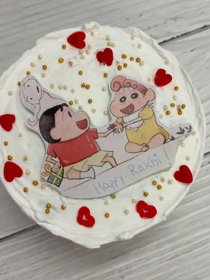 A sweet and simple Shinchan cake celebrating the bond of Rakhi. Even my tiny cakes are packed with big love and fun themes.