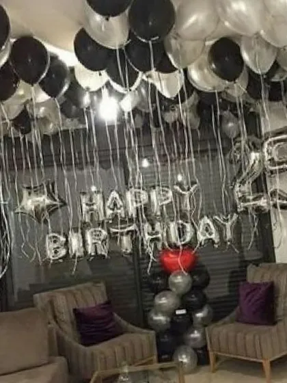 A modern and stylish 25th birthday celebration using a silver and black color scheme. I include large number foils to mark the milestone age, along with a 'Happy Birthday' banner and coordinated balloon arrangements.