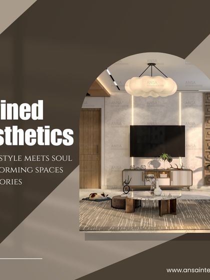 This living room is a great example of refined aesthetics. The clean lines of the TV unit, the cloud-like chandelier, and the subtle jali screen come together to create a space that is soulful and stylish.