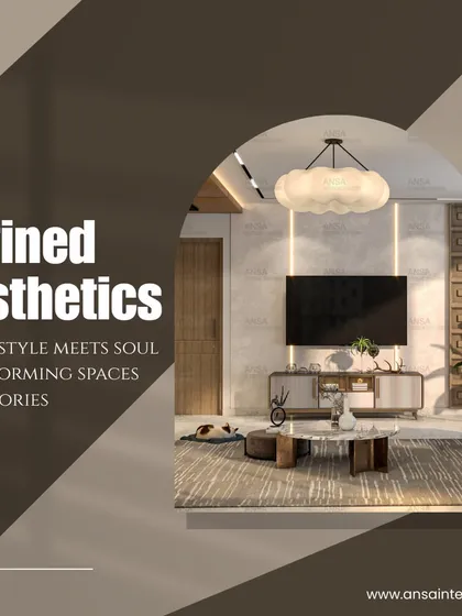 This living room is a great example of refined aesthetics. The clean lines of the TV unit, the cloud-like chandelier, and the subtle jali screen come together to create a space that is soulful and stylish.