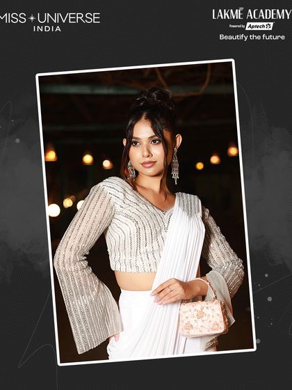 A sophisticated look in a white saree with a sequined blouse, expertly styled by our students for the Miss Universe India 2025 Sufi Night.