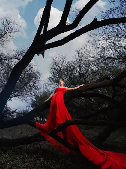 A dramatic and artistic pre-wedding shot. The bride-to-be poses elegantly on a tree branch, her red trail gown flowing down like a waterfall.