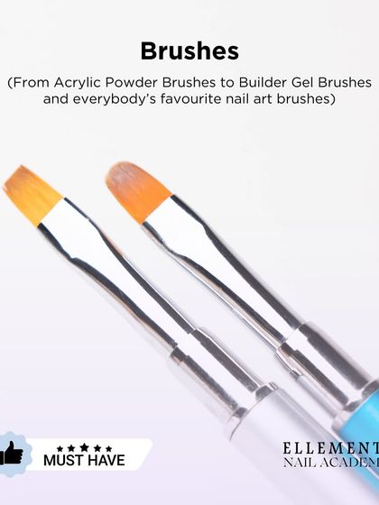 The right brushes are essential. My kit includes everything from acrylic powder brushes to builder gel brushes and, of course, everyone's favorite fine-liner nail art brushes.