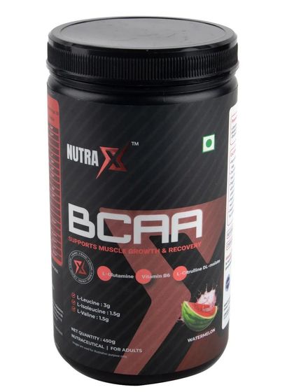An angled shot of the watermelon-flavored BCAA supplement.