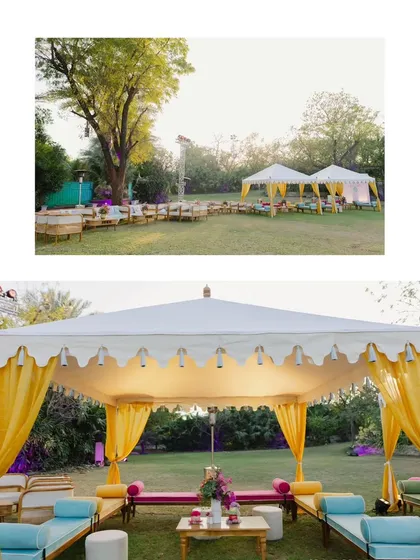 A collage of the outdoor Mehndi setup, featuring colorful tents and comfortable lounge seating for a relaxed, garden-party atmosphere.