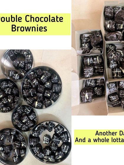 More batches of my Double Chocolate Brownies, displayed in trays and packed in boxes, ready for delivery.