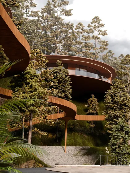Another perspective of the skywalk and floating villas, showcasing the project's harmonious integration with the steep hillside.