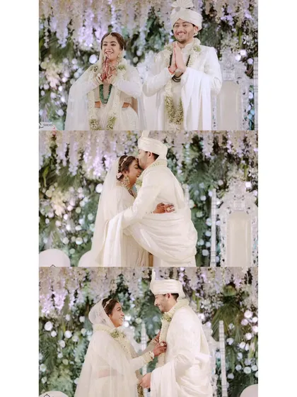 A collage of tender moments from an all-white themed wedding. From the groom's kiss to their shared smiles, it tells a story of gentle, serene love.