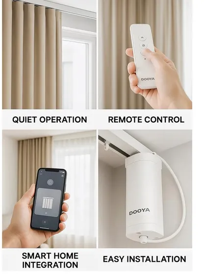I focus on four key things: silent motors that do not disturb you, multiple control options including a simple remote, full smart home app integration, and an easy, clean installation process. This graphic breaks down the core benefits you get with every automated window treatment.