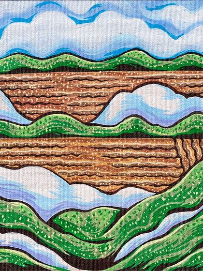 A stylized landscape painting of fields and clouds, created with acrylic markers on canvas. I enjoy the texture and bold colors of this medium.