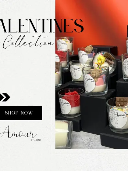 A glimpse of my Valentine's collection, featuring an array of shot glass candles with themes like roses, teddies, and chocolates. There's a little something for every day of love week.