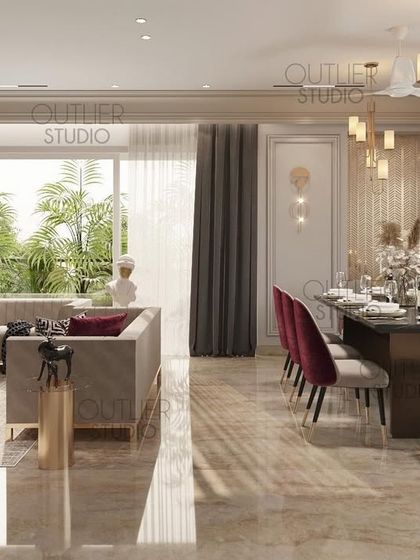 This combined living and dining room uses a warm, inviting color palette with pops of burgundy. The large windows and sheer curtains ensure the space feels bright and airy, perfect for family gatherings.