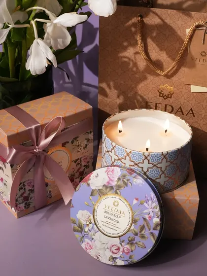 Our three-wick coconut wax candles are designed to be a centerpiece of any room. Poured into a beautifully designed tin and presented in a matching gift box with a carry bag, they make for an elegant and complete gift for any celebration.