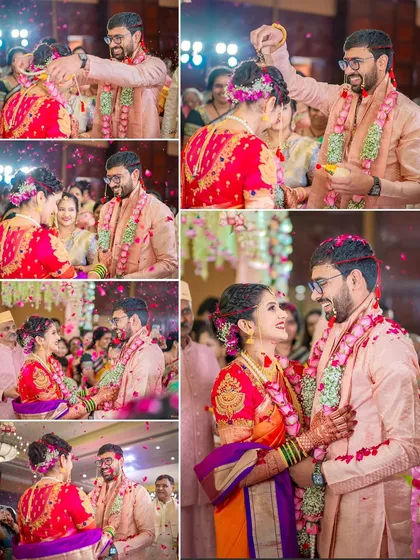 The joyful 'akshata' ceremony, where the couple and guests shower each other with blessed rice and flower petals.