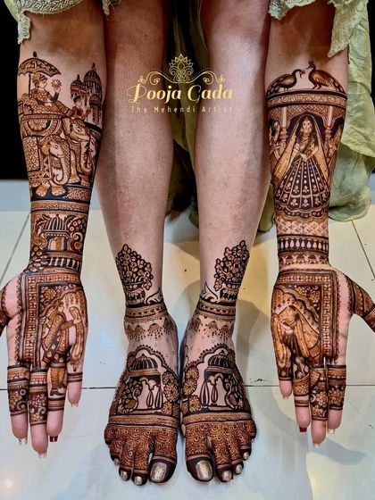 A full bridal mehendi set for an NRI bride from Ireland, featuring a baraat scene, a bride portrait, and matching intricate designs on her feet.