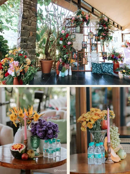 A collage showing details of the tropical welcome lunch, including a photo memory wall and colorful fruit and floral arrangements on the tables.