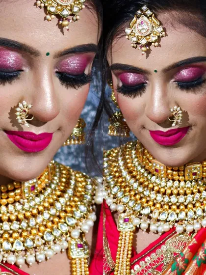 A close-up of a dramatic pink glittery eye makeup look, perfect for a glamorous bride.