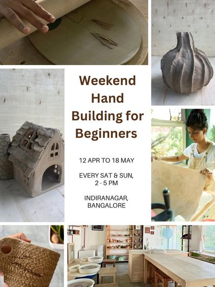 This poster for our April-May hand-building course shows a variety of projects, including a garlic-shaped vessel and a house luminary, giving you a taste of what you can create.