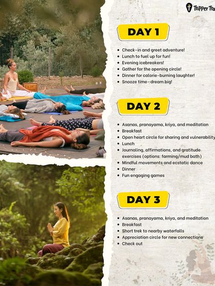 Here is a look at our 3-day Wellness Retreat itinerary. It is a balanced mix of yoga, meditation, journaling, nature walks, and fun engaging games. We even have options for farming and a mud bath.