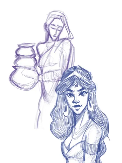 A couple of character concepts from a daily sketching session. One is a traditional woman carrying pots, the other a more stylized, fantasy-inspired character.
