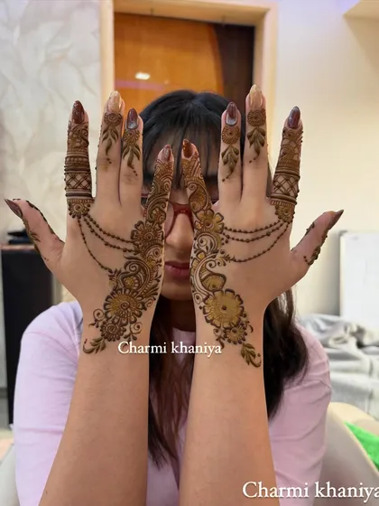 A simple yet stunning jewellery-style mehendi design. This pattern mimics a hand chain or 'hathphool', looking incredibly elegant and creative.