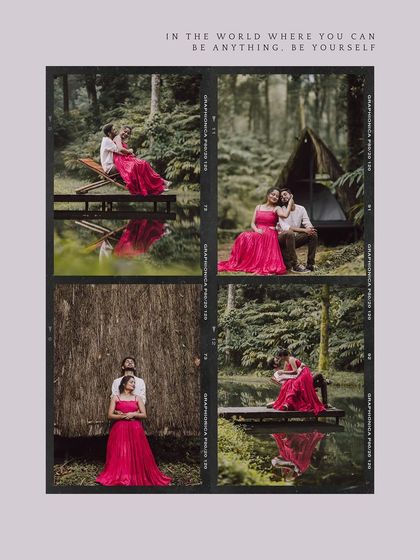 A creative collage of a couple's romantic pre-wedding moments, presented in a film-strip style.
