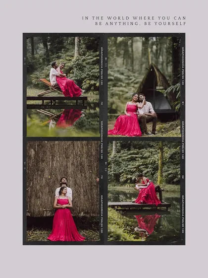 A creative collage of a couple's romantic pre-wedding moments, presented in a film-strip style.